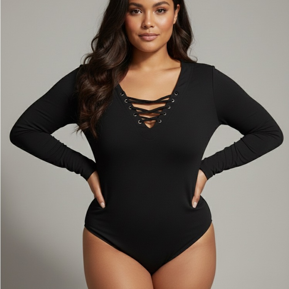 Hot Kiss Black Lace-Up Detail corset string stretchy, body suit, large sexy